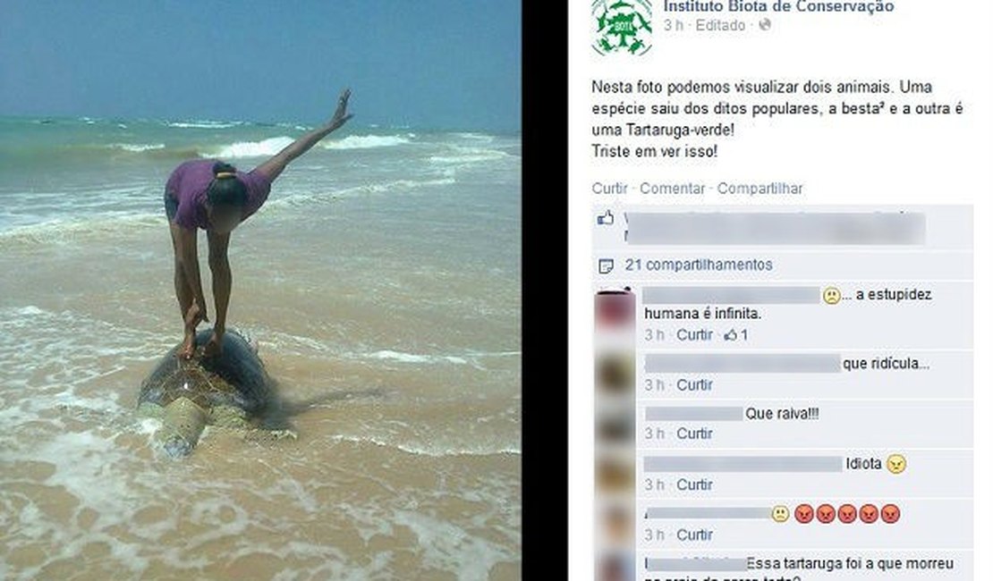 Imagem de banhista sobre tartaruga morta causa revolta nas redes sociais