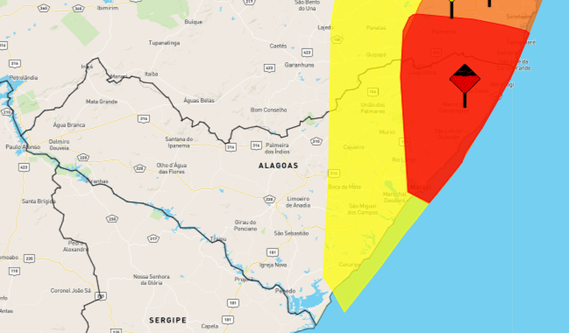 Inmet estende aviso de chuvas em AL e inclui quase 30 cidades em alerta de perigo