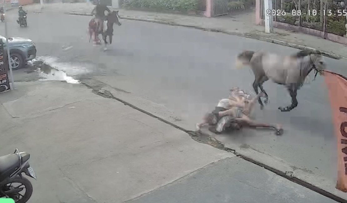 Casal cai de cavalo em alta velocidade na Rua Expedicionários Brasileiros, em Arapiraca