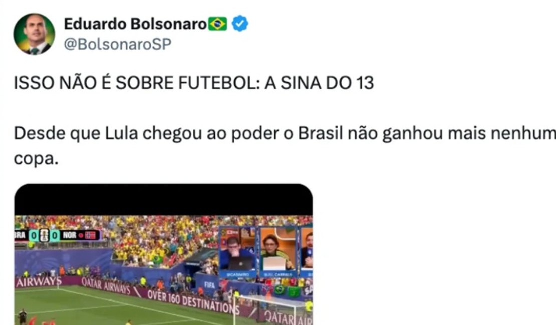 Eduardo e Flávio Bolsonaro culpam PT por eliminação do Brasil na Copa: 'Perdeu pênalti aos 13:13'