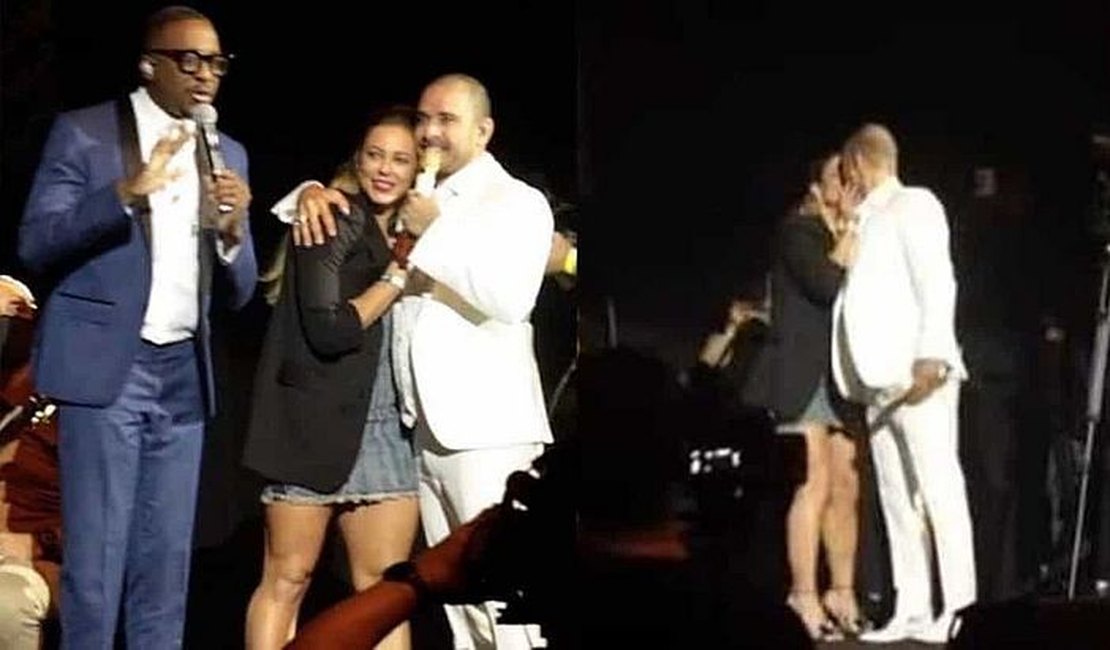 Paolla Oliveira beija Diogo Nogueira no palco e leva fãs ao delírio