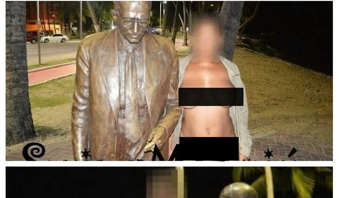 Mulher posta fotos nua ao lado de estátuas de Aurélio e Graciliano