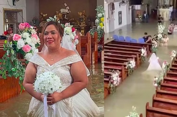 Noiva se casa com água na cintura dentro de igreja alagada e imagens impressionam