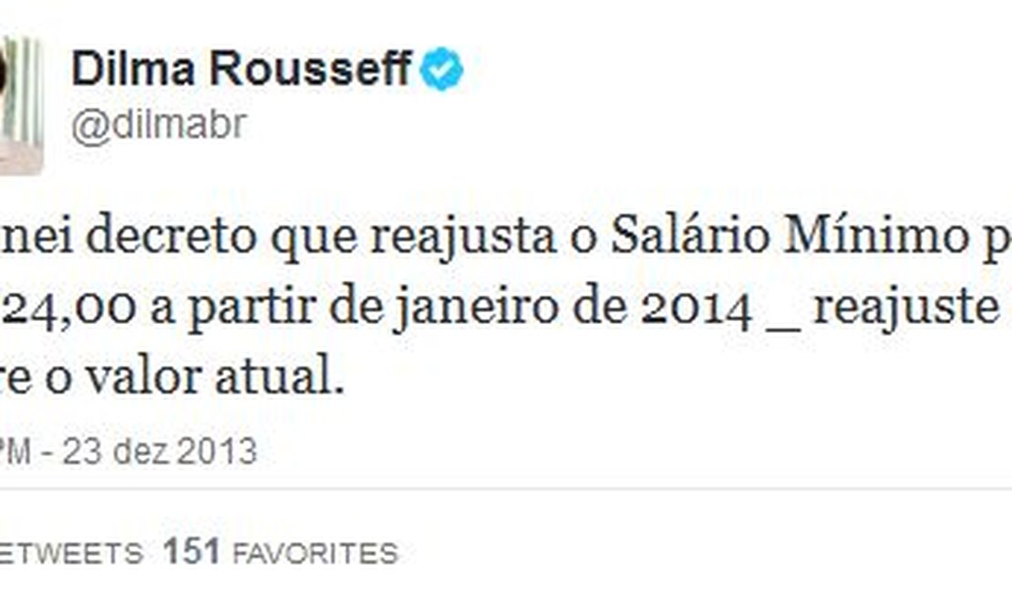 Pelo Twitter, Dilma confirma salário mínimo de R$ 724