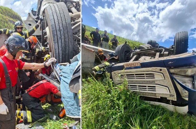 Caminhoneiro fica preso às ferragens após carreta tombar na BR-101, em Novo Lino