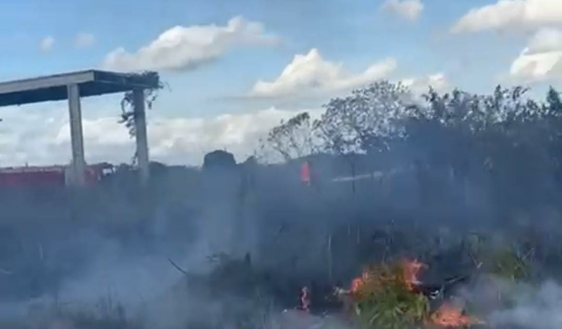 Incêndio atinge área de vegetação em frente a condomínio no bairro Bom Sucesso