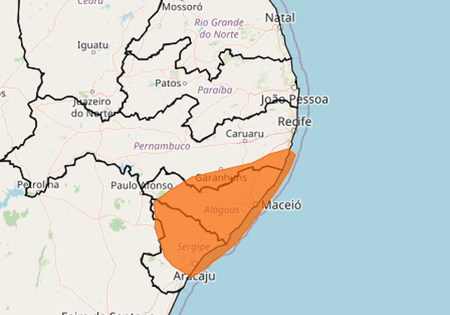 Chuvas fortes devem atingir quase todo o estado de Alagoas nas próximas horas, alerta Inmet