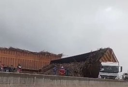 Caminhão canavieiro fica atravessado na AL-220 ao tombar perto da entrada de Campo Alegre