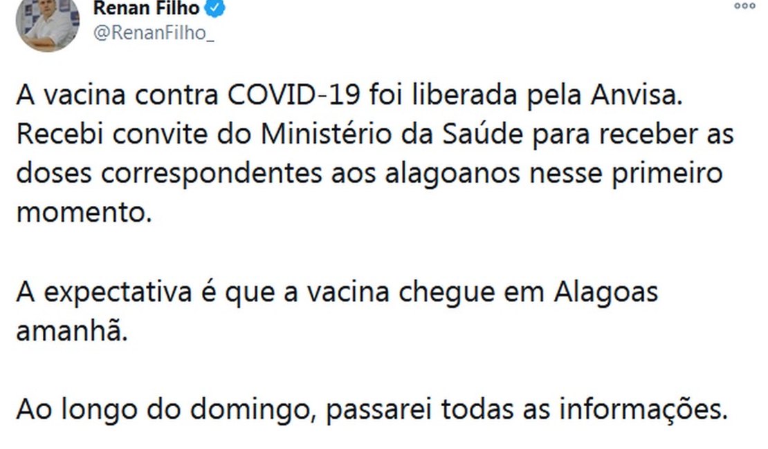 Renan Filho anuncia chegada da vacina contra Covid-19 em Alagoas