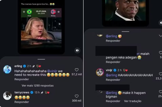 Haaland brinca com Vini Jr. sobre meme que usa música do filme As Branquelas: 'Precisamos recriar isso'