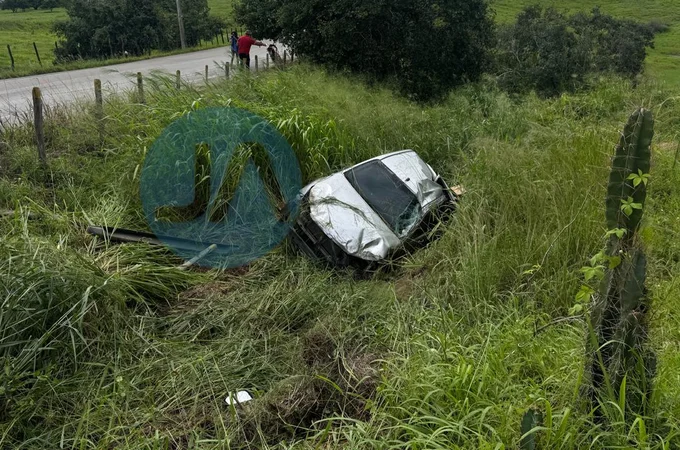 Caminhonete para em área baixa às margens da AL-110 após saída de pista, em Arapiraca