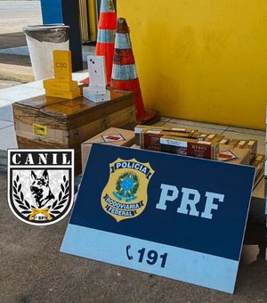 Canil do 3º BPM e PRF apreendem 93 aparelhos celulares sem nota fiscal e cigarros, em São Sebastião