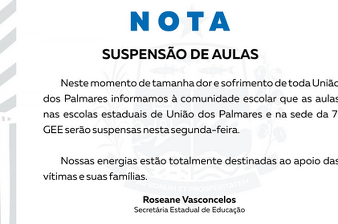 Secretaria de Educação suspende aulas nesta segunda (25) nas escolas da rede estadual de União dos Palmares