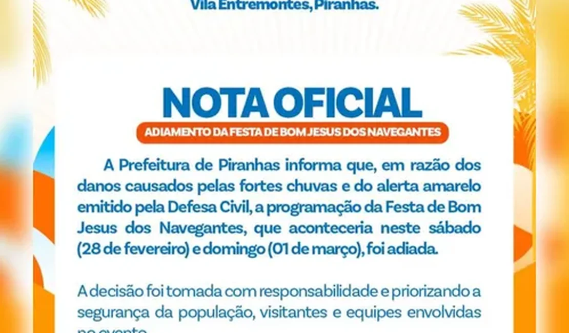 Prefeitura adia Festa de Bom Jesus dos Navegantes após fortes chuvas em Piranhas