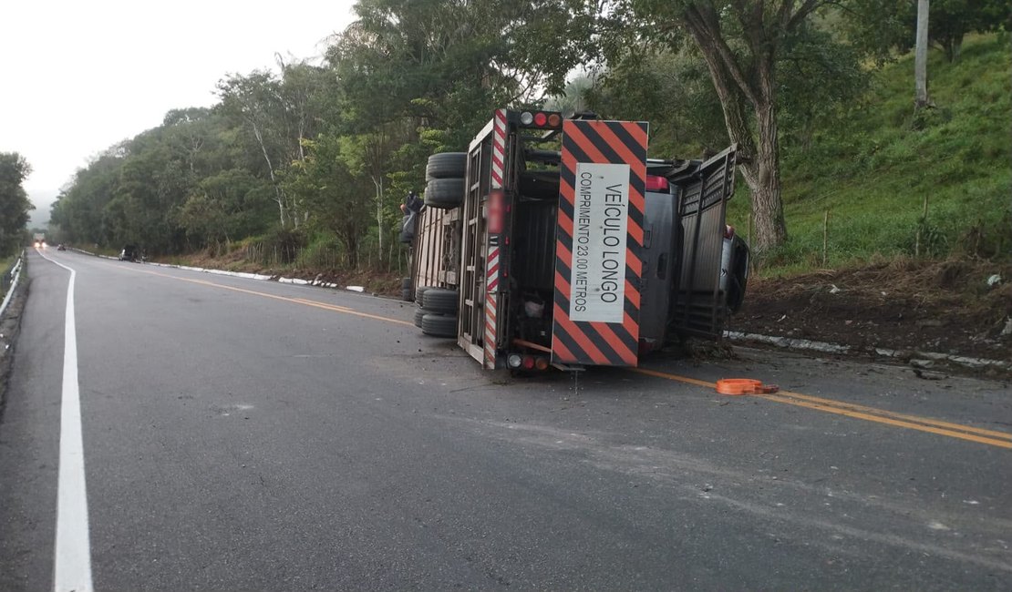 Caminhão-cegonha com 11 carros tomba na BR-316, em Satuba