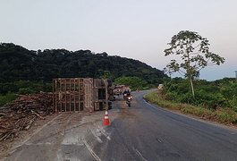 Caminhão com carga de toras de madeira tomba e motorista fica ferido em São Luís do Quitunde