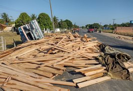 VÍDEO. Caminhão carregado com madeira tomba na rodovia AL-110, em Arapiraca, e deixa trecho interditado