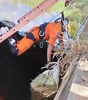 Bombeiros retiram saco com couros de barragem após populares acharem que seria corpo, em Arapiraca