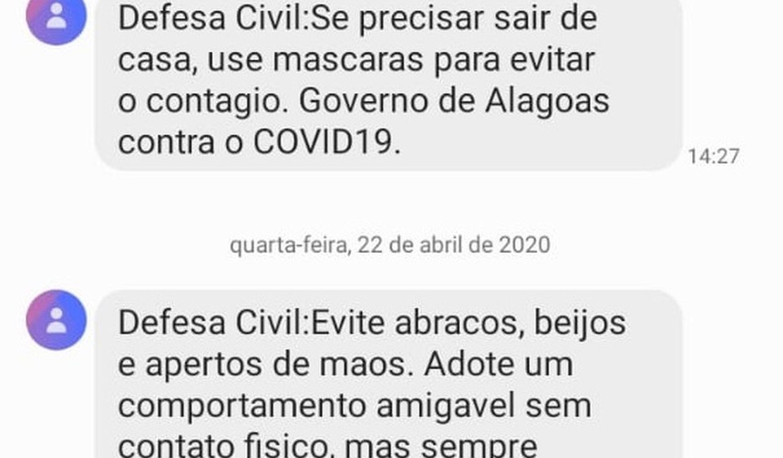 Defesa Civil de Alagoas envia mensagens pelo celular sobre prevenção ao novo coronavírus