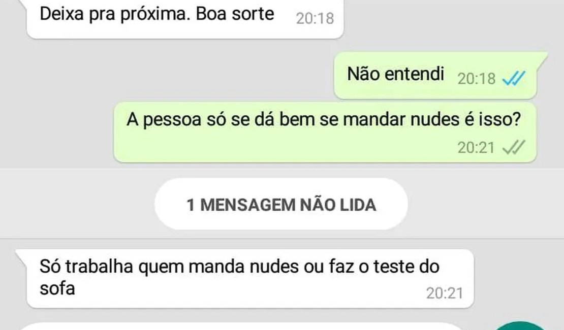 Candidata a vaga de emprego em shopping diz ter sido assediada em mensagem durante entrevista