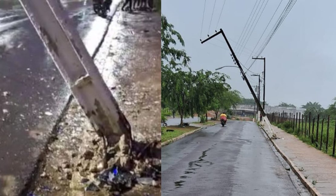 Motociclista colide contra poste, que fica pendurado por fiação, no Brisa do Lago