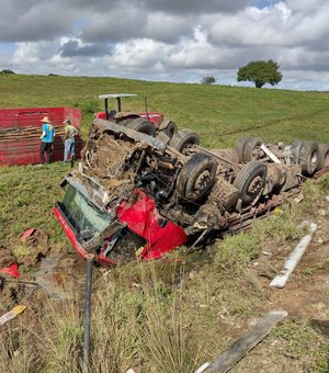 VÍDEO. Caminhão tomba em trecho da AL-110, no Sitio Mocó, Arapiraca