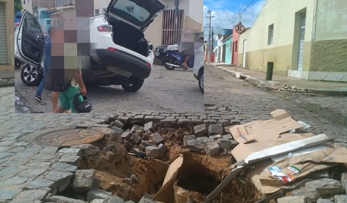 VÍDEO. Motorista tem parte de veículo ‘engolida’ por buraco no bairro Brasília