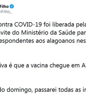 Renan Filho anuncia chegada da vacina contra Covid-19 em Alagoas
