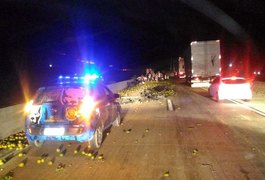 Caminhão carregado de laranjas tomba na BR-101 e carga é saqueada por moradores da região