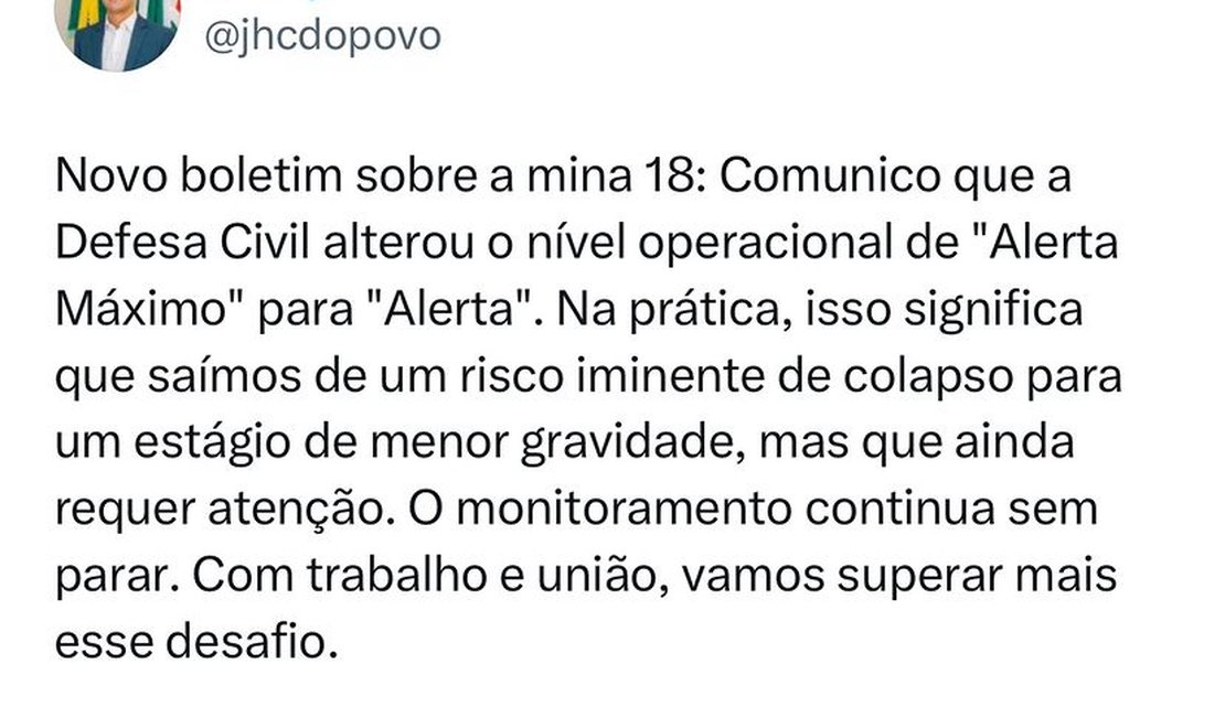 Mina 18 sai do risco de colapso para estágio de menor gravidade