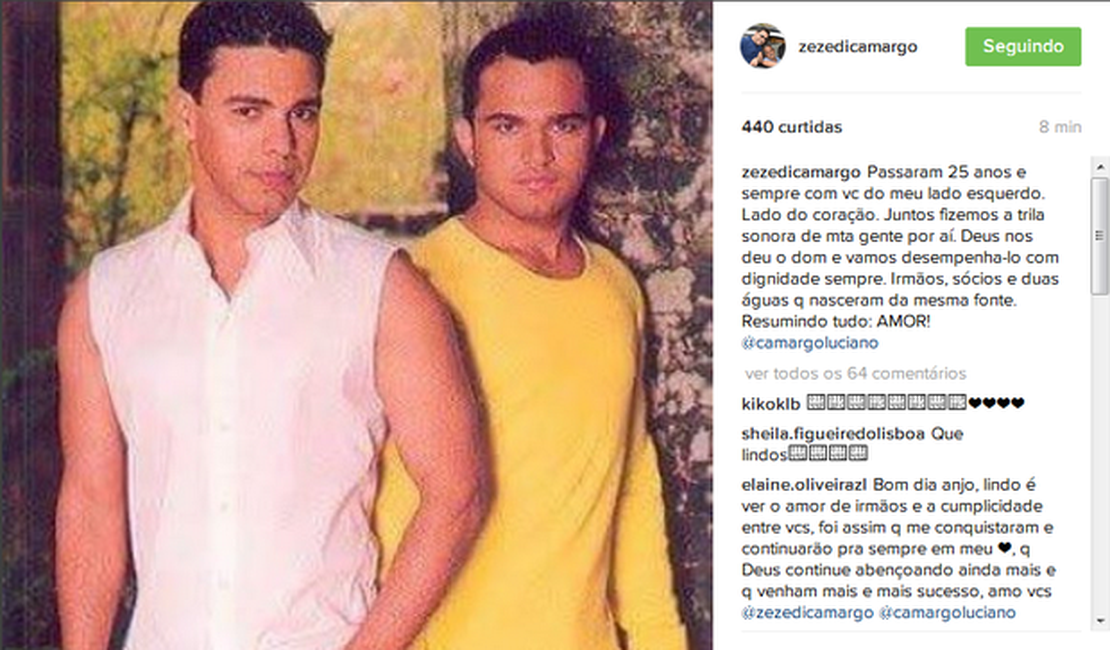 Zezé Di Camargo faz declaração para o irmão Luciano: 'Amor'
