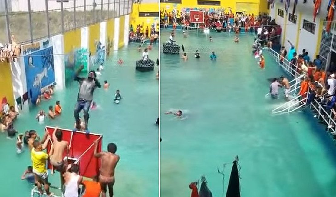 Presos transformam pátio de presídio em piscina