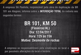 Rodovia em Flexeiras será interditada nesta quarta-feira