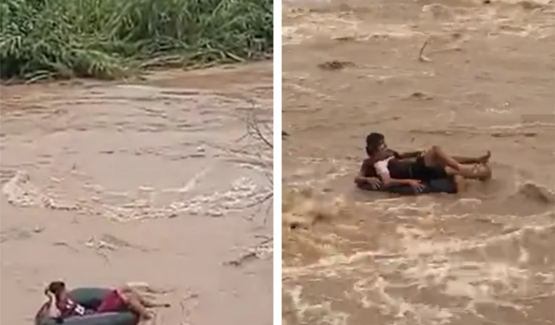 Mesmo com forte correnteza, jovens se arriscam e descem rio em uma boia, em São José da Laje; ASSISTA