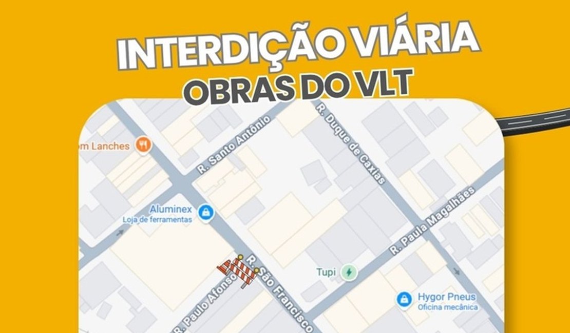 Rua Paulo Afonso, no bairro Primavera, terá trecho interditado para obras do VLT
