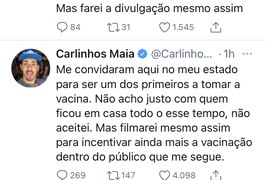 Carlinhos Maia diz que foi chamado para tomar vacina para divulgar imunização