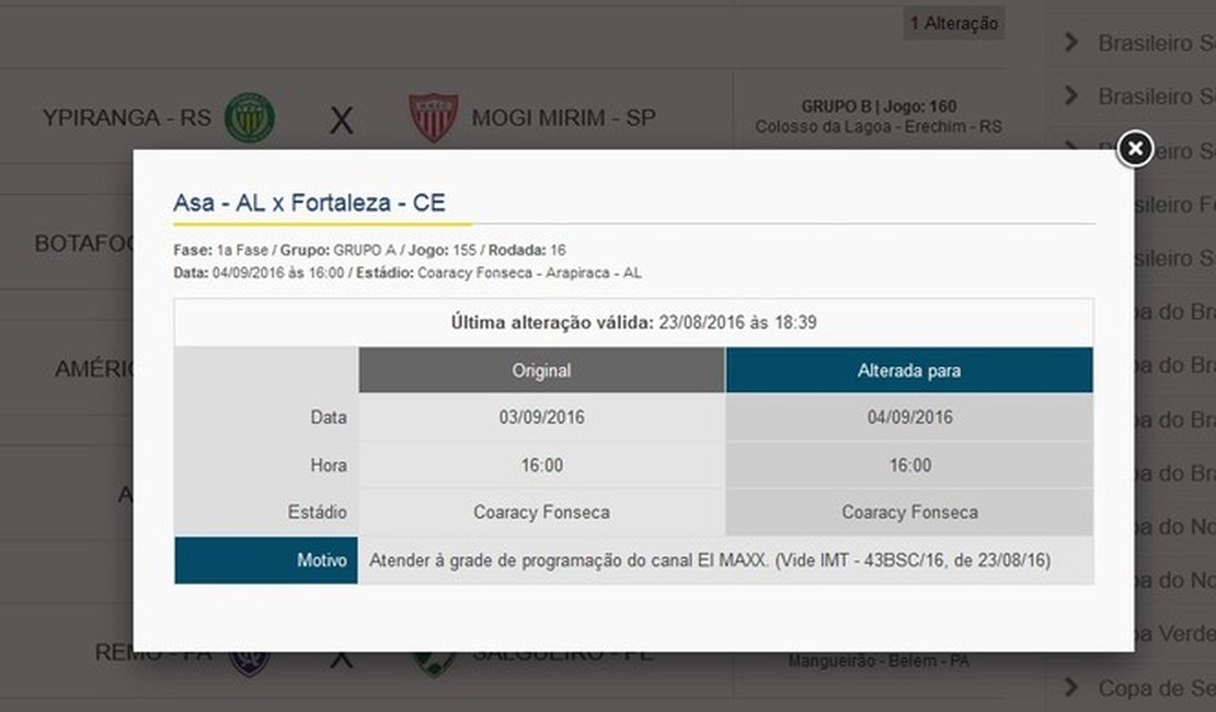 Para atender pedido de TV, CBF altera data da partida entre ASA e Fortaleza