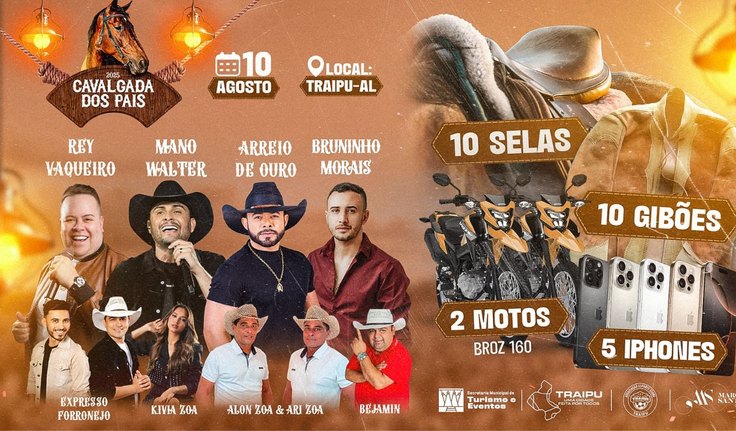 Show de Prêmios e oito atrações musicais: Cavalgada dos Pais acontece neste domingo, 10, em Traipu