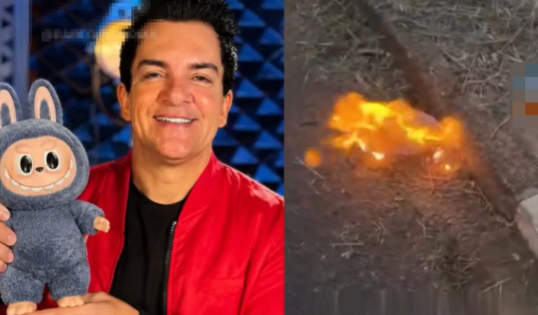 Esposa de Regis Danese queima boneco Labubu após incêndio em casa: 'Nenhum mal terá poder'