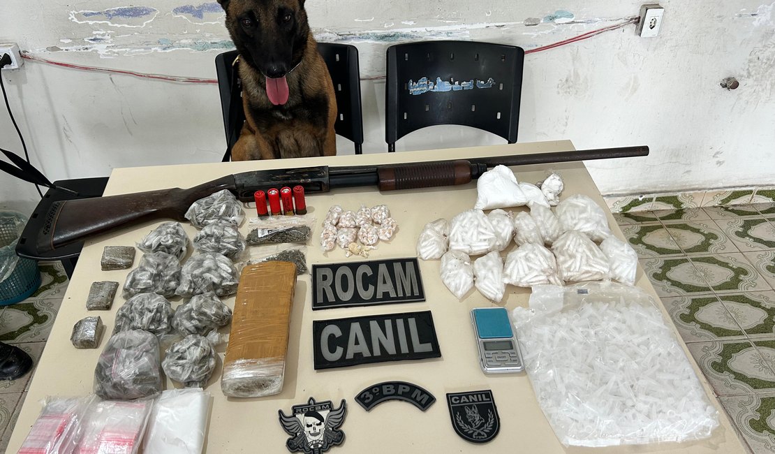 Polícia Militar prende suspeito de tráfico e apreende grande quantidade de drogas e arma, em Arapiraca