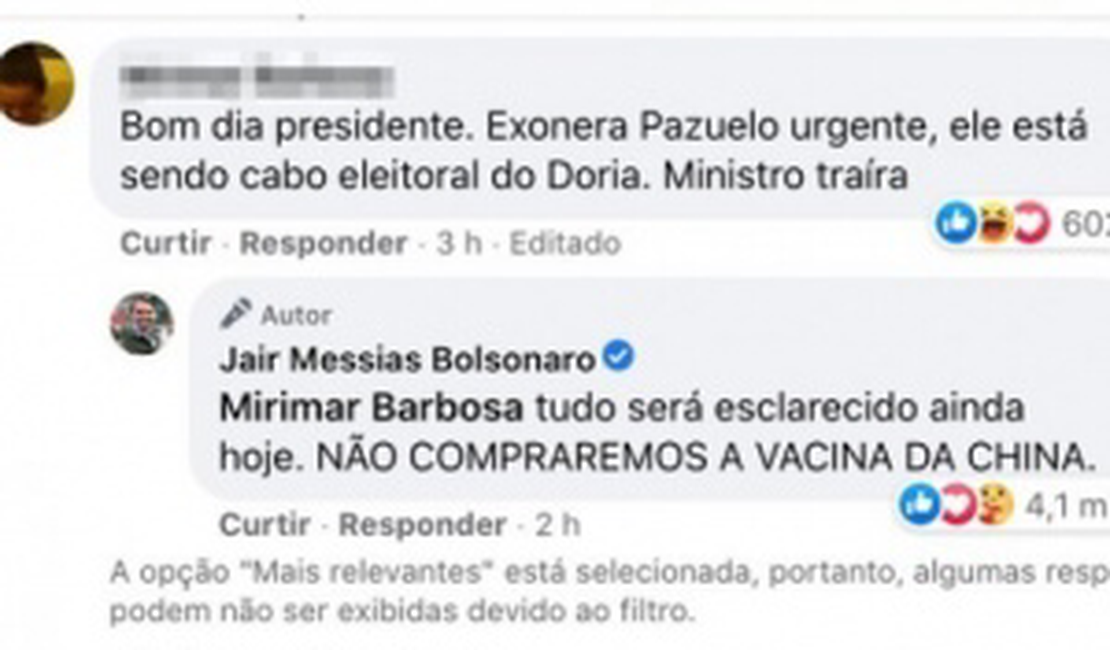 'Não compraremos a vacina da China', diz Bolsonaro em rede social