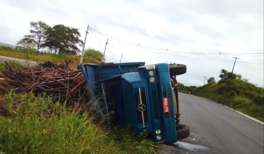 Caminhão carregado de madeira tomba às margens da rodovia AL-220