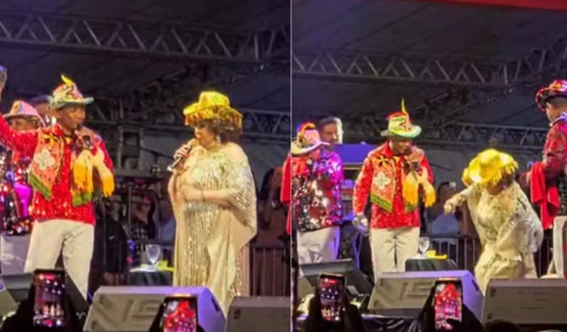 VÍDEO: Cantora Alcione se desequilibra e cai no palco durante show em São Luís
