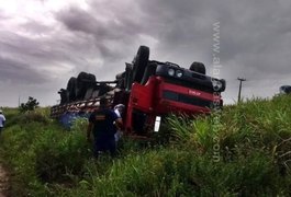 Caminhão capota e deixa condutor ferido na BR-101, em Teotônio Vilela