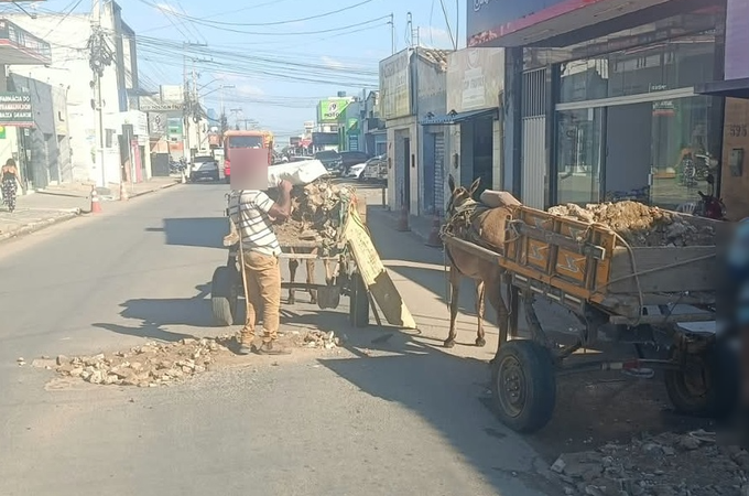 Carroceiros utilizam restos de construções para tapar buracos em via movimentada de Arapiraca