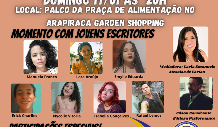 DIA 17/01 ÀS 19H NO ARAPIRACA GARDEN SHOPPING ACONTECERÁ MESA REDONDA DE JOVENS ESCRITORES SOBRE LITERATURA ALAGOANA