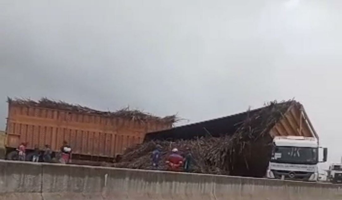 Caminhão canavieiro fica atravessado na AL-220 ao tombar perto da entrada de Campo Alegre