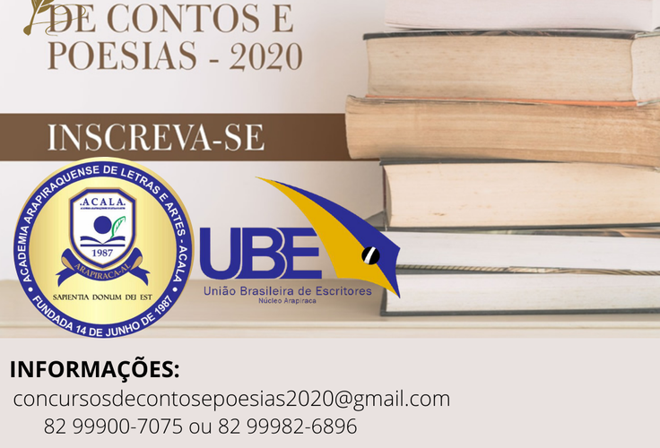 PRORROGRADAS AS INSCRIÇÕES DO CONCURSO DE CONTOS E POESIAS! PARTICIPE! O CONCURSO É ORGANIZADO PELA ACALA E A UBE ARAPIRACA E ABERTO PARA TODA SOCIEDADE!