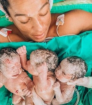 Após ter um filho na 1ª gestação e dois na 2ª, mulher dá à luz trigêmeos