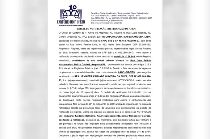 EDITAL DE NOTIFICAÇÃO (RETIFICAÇÃO DE ÁREA)